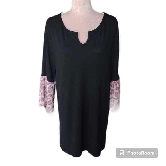 SUZANNE BETRO| RELAXED JERSEY DRESS W DBLE LAYERED LEOPARD PRINT CUFF SIZE L - Picture 3 of 6